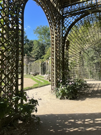 A beautiful garden structure with ornate lattice arches creating a framework covered in greenery. Sunlight filters through the latticework, casting intricate shadows on the ground. Lush plants and flowers border the path leading through the arches, and beyond, a manicured lawn and trees are visible under a clear blue sky.