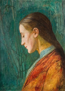 A profile portrait of a woman with her hair tied back, wearing a red and orange garment. She gazes downward with a serene expression, set against a green, textured background that features subtle plant motifs.
