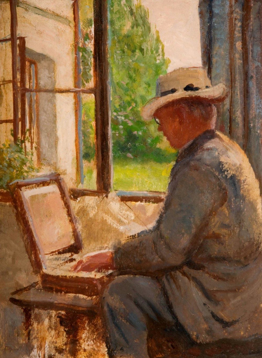 a painting of a man sitting in front of a laptop computer