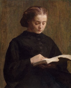 A young woman in a contemplative pose, wearing a dark dress, is engrossed in reading a book. Her hair is styled up, and the background is muted with earthy tones, giving a serene and introspective feel to the scene.
