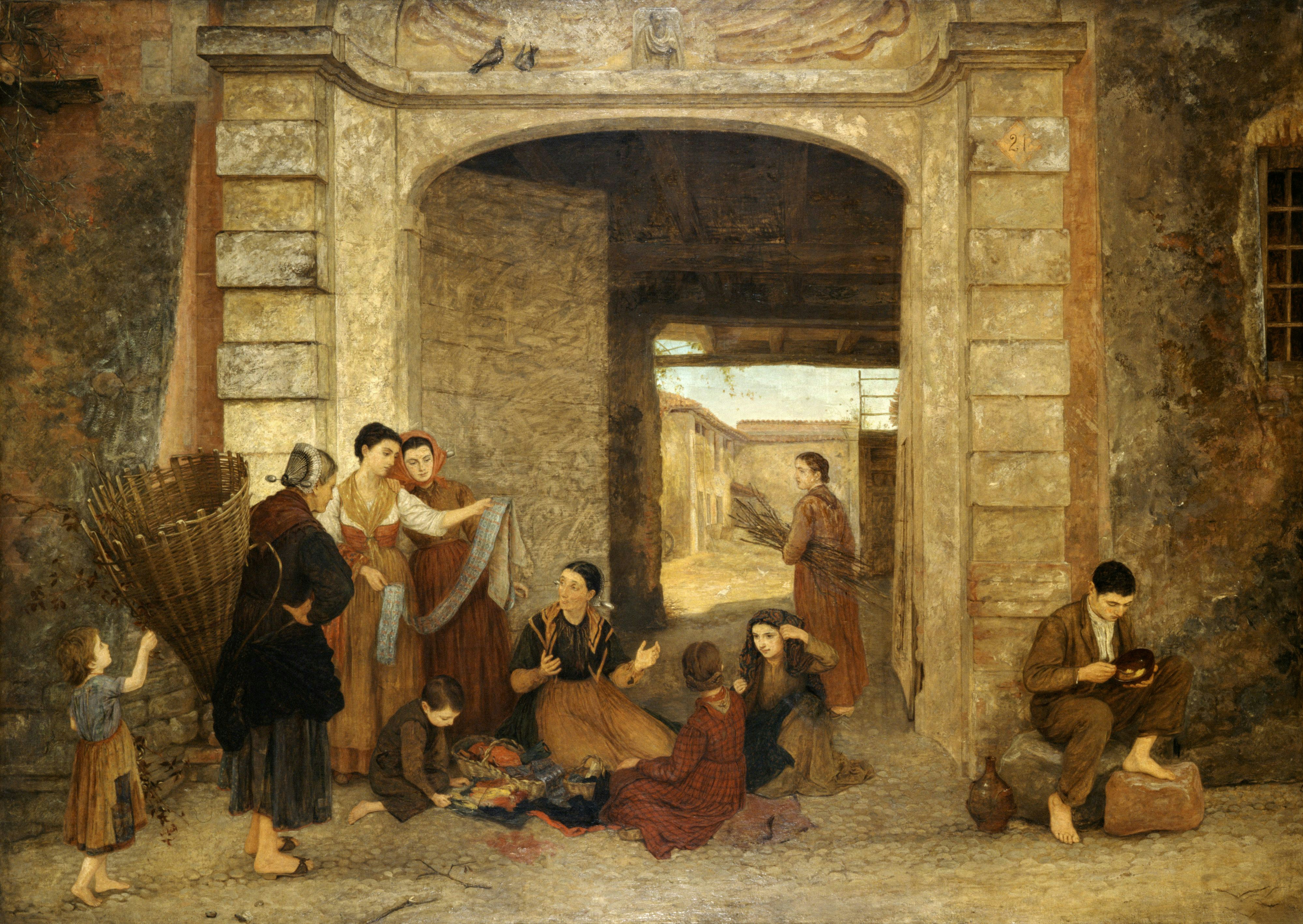 a painting of a group of people outside a building