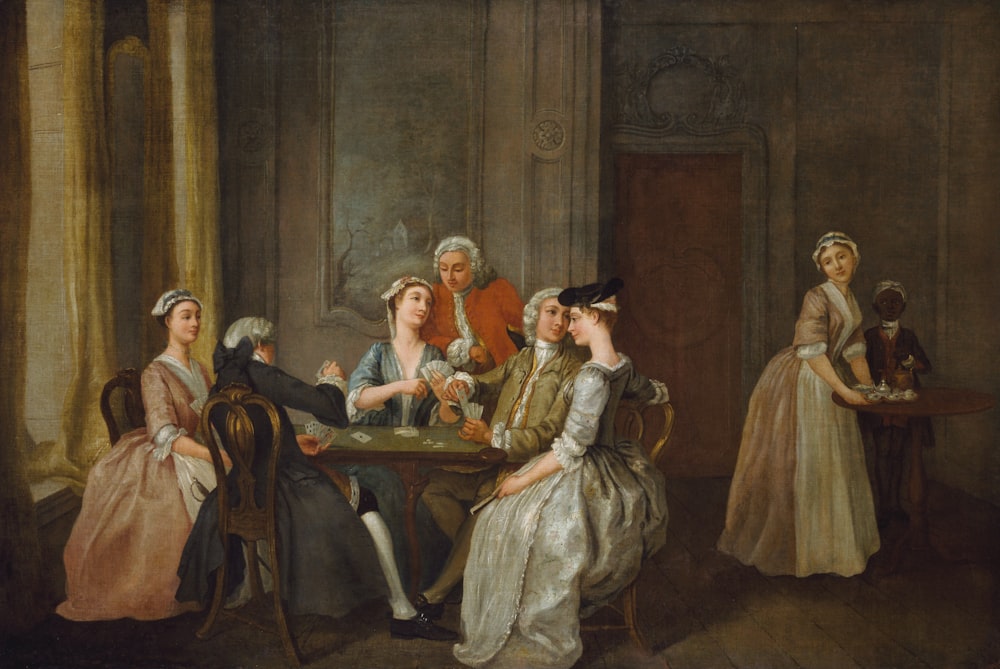 uma pintura de um grupo de pessoas sentadas ao redor de uma mesa