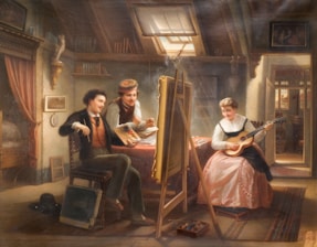 A cozy attic studio with three individuals: an artist, an assistant, and a woman playing a guitar. The artist is seated, holding a palette and brush, as he paints on a canvas positioned on an easel. The assistant stands nearby, observing the canvas, wearing a cap. The woman in a long pink dress plays a guitar, seemingly providing inspiration or entertainment. The room is well-lit by a skylight, with shelves lined with books, a curtain partially drawn, and various art supplies scattered around.