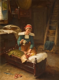 A woman in traditional clothing is seen attending to a baby in a wooden cradle inside a rustic, dimly-lit room. She holds a jug and appears to be feeding or comforting the baby. The room has a wooden interior with various household items like a ladder, shelves, and a couple of hanging towels visible. The window allows some natural light to enter, illuminating the scene softly.