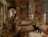 A richly decorated interior featuring several women in traditional attire, relaxed and conversing in an opulent, Eastern-style room. Intricate wooden lattice work and vibrant textiles adorn the room, and a small dog rests peacefully on a carpet. A fruit platter and vases of flowers add to the luxurious atmosphere.