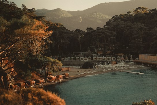 A serene coastal scene with a calm bay surrounded by dense forest and mountains in the background. The beach is lined with lounge chairs and small cabanas, indicating a tranquil resort area. The sunlight casts a warm glow over the trees, adding a golden hue to the foliage.