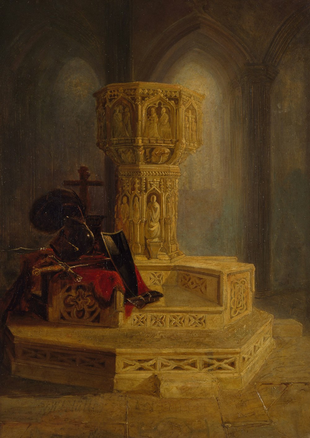 a painting of a man sitting on a set of stairs