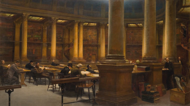 A serene library scene with scholars quietly engaged in study, surrounded by tall shelves of books.