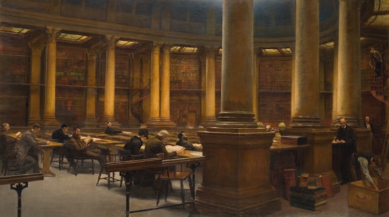 A serene library filled with Jewish sacred texts and scholars engaged in study.