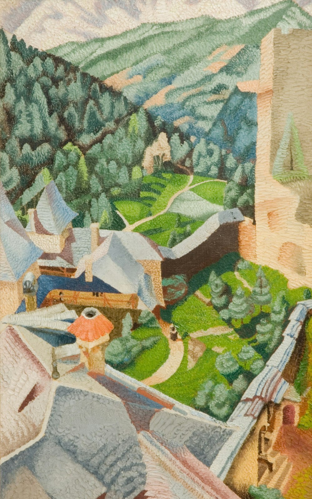 une peinture d’un village dans les montagnes