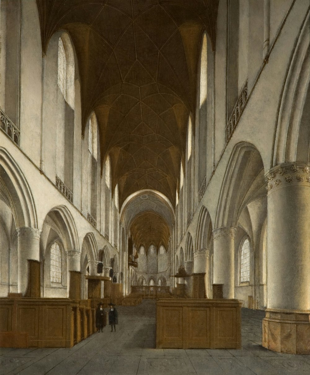 a painting of a large cathedral with pews