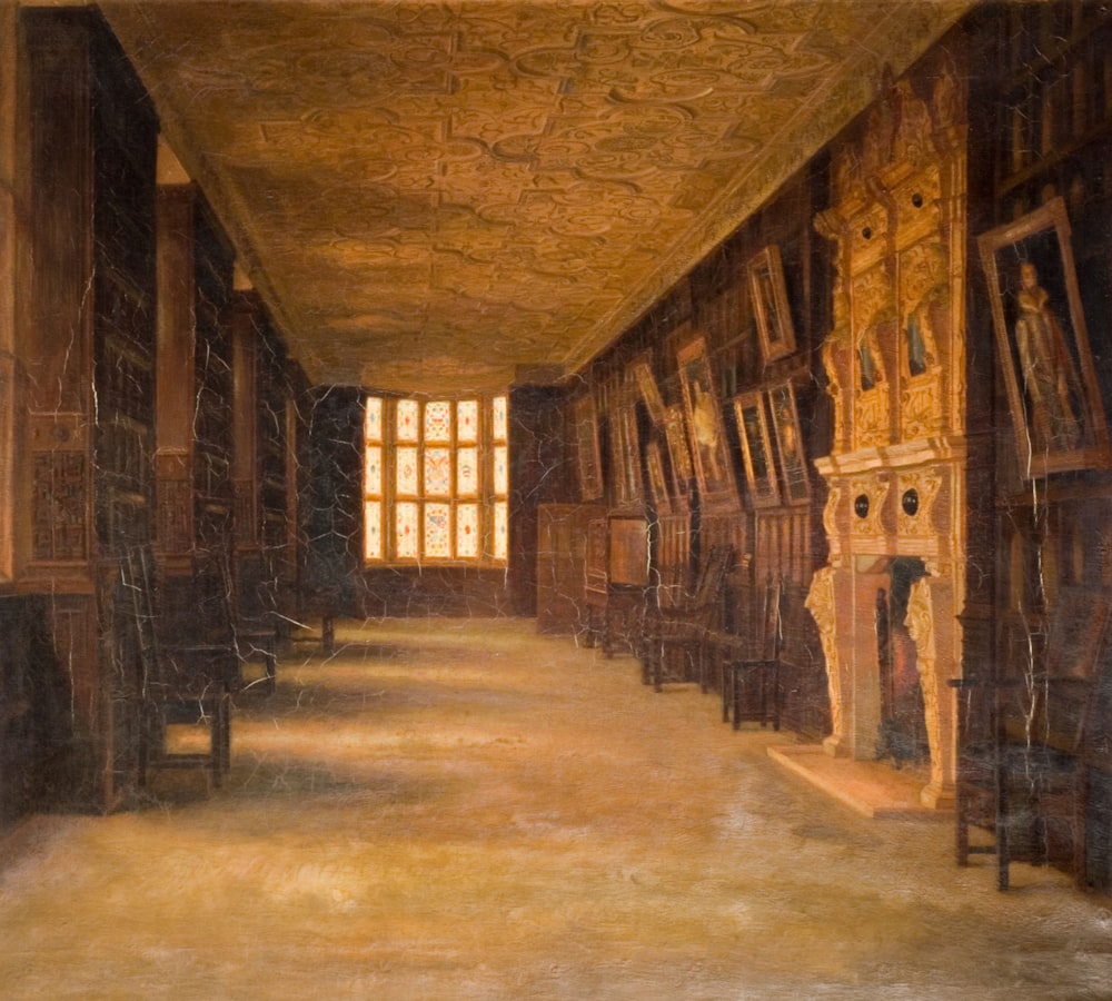 a painting of a long room with bookshelves