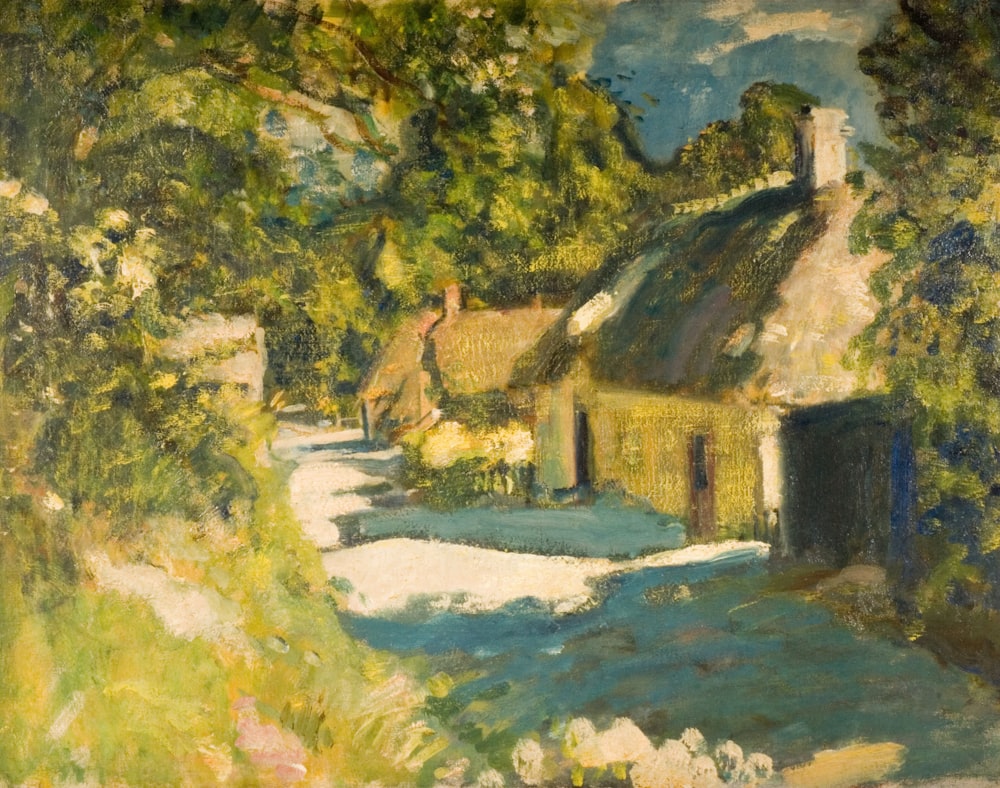 a painting of a house with a thatched roof