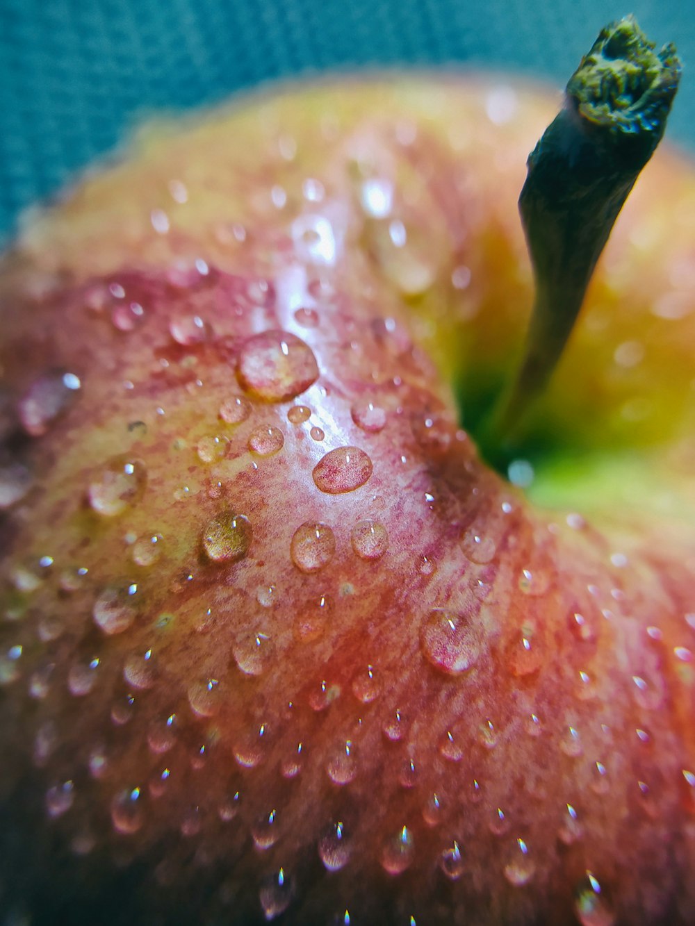 a close up of an apple with water droplets
