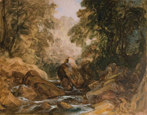 Modern wall painting of a tranquil river flowing through a dense woodland, highlighted with subtle gold accents