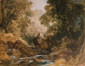 A vibrant digital painting depicting a serene forest scene with glowing light effects.