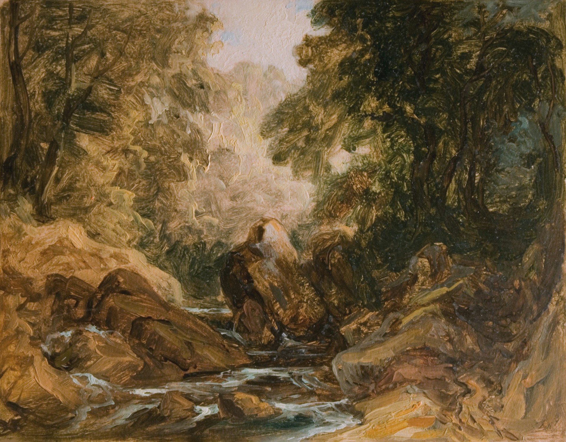 A vibrant painting of a sunlit forest path, capturing the gentle beauty of nature through soft, flowing brushstrokes.