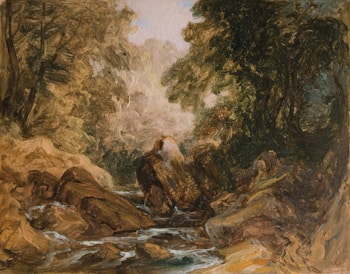 A richly textured painting of a forest scene with sunlight cascading through dense foliage. A stream flows over rocks, creating a serene and natural atmosphere. The brushwork is bold and expressive, capturing the dynamic essence of the landscape.