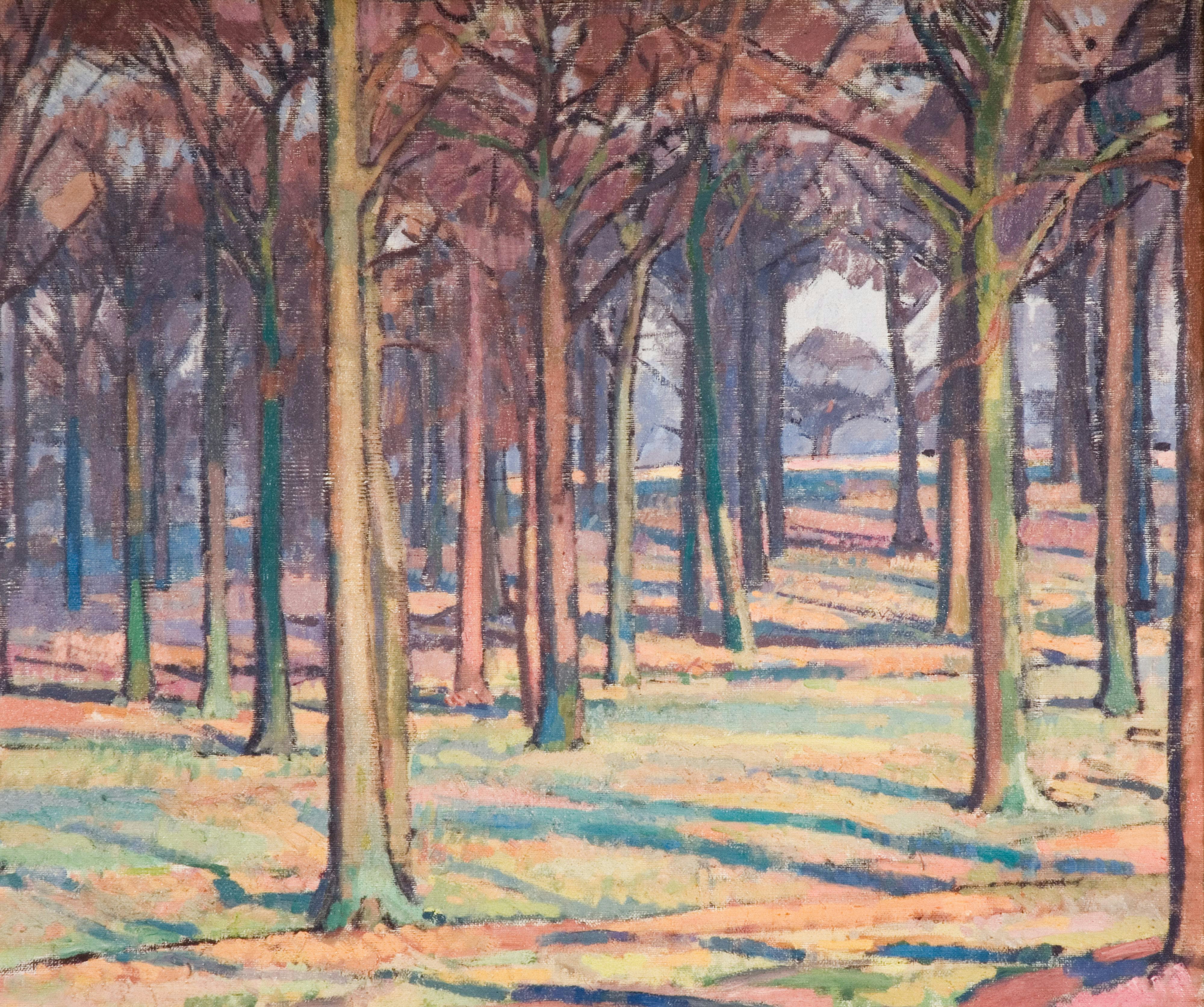 a painting of trees and grass in a forest