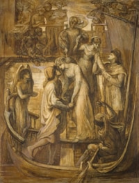 The painting depicts a historical or mythological scene on a boat, featuring multiple figures with flowing robes. Central to the composition is an intimate interaction between two individuals, with one appearing to be guiding or supporting the other. Surrounding them are several other figures, some with musical instruments, adding to the narrative depth. The use of earthy tones and the fluidity of the lines contribute to a sense of movement and emotion.