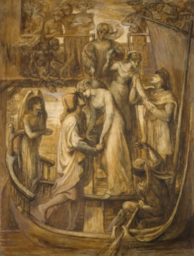 The painting depicts a historical or mythological scene on a boat, featuring multiple figures with flowing robes. Central to the composition is an intimate interaction between two individuals, with one appearing to be guiding or supporting the other. Surrounding them are several other figures, some with musical instruments, adding to the narrative depth. The use of earthy tones and the fluidity of the lines contribute to a sense of movement and emotion.