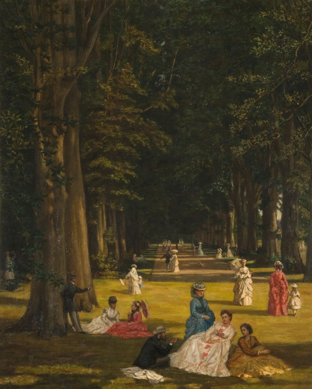 a painting of a group of people in a park