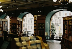 A cozy bookstore interior with tall bookshelves filled with various books. Large arched windows reveal a view of a city street outside. Several chairs and tables are scattered around, inviting visitors to sit and read. Warm lighting creates a welcoming atmosphere, complemented by the presence of a green plant near the window.