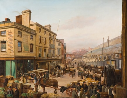 A bustling 19th-century market scene with horse-drawn carriages, numerous vendors, and shoppers in an open-air market setting. The architecture includes multi-story buildings with signs advertising various businesses. People are gathered around stalls filled with goods like fruits and vegetables. The scene captures the busy atmosphere of a marketplace.