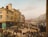 A bustling 19th-century market scene with horse-drawn carriages, numerous vendors, and shoppers in an open-air market setting. The architecture includes multi-story buildings with signs advertising various businesses. People are gathered around stalls filled with goods like fruits and vegetables. The scene captures the busy atmosphere of a marketplace.