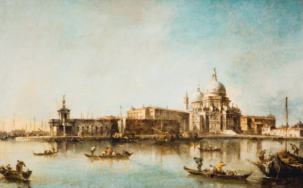 a painting of a river with boats in it