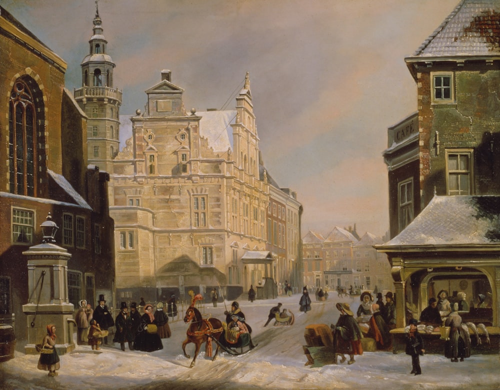 a painting of a city street with people and horses