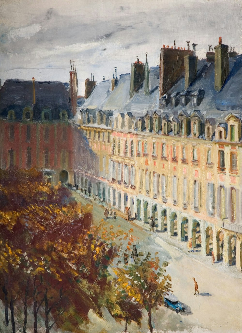 uma pintura de uma rua da cidade com edifícios