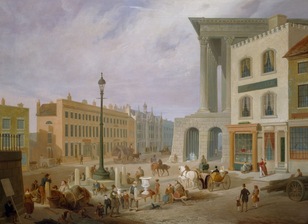 a painting of a city street with people and horses