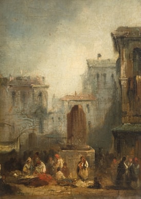 A historical painting depicting a bustling street scene in a European city, featuring groups of people gathered around an ancient ruin in the foreground. The background reveals architectural buildings typical of an old European town. The figures are in period clothing, suggesting an older era.