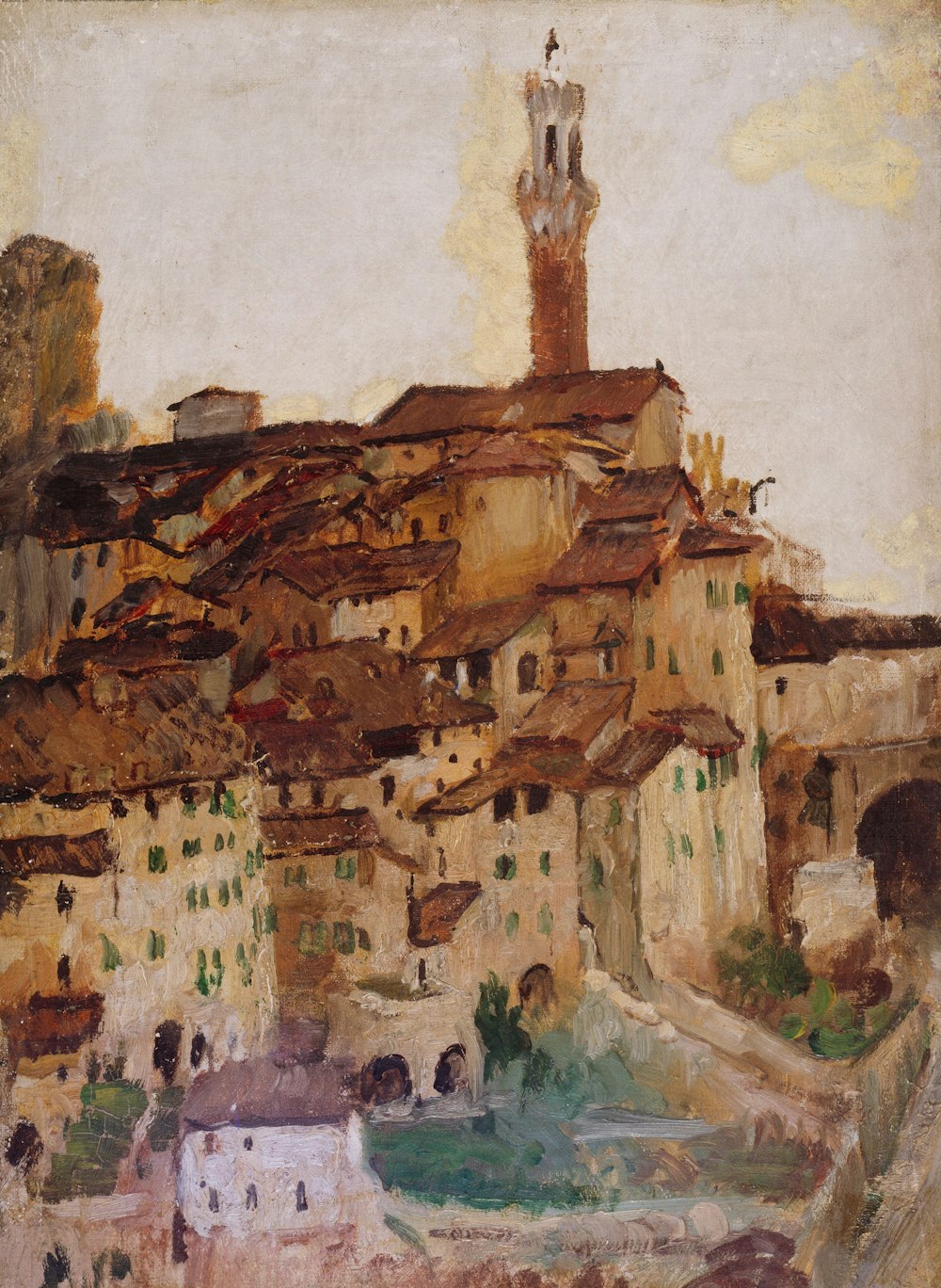 uma pintura de uma aldeia com uma torre do relógio
