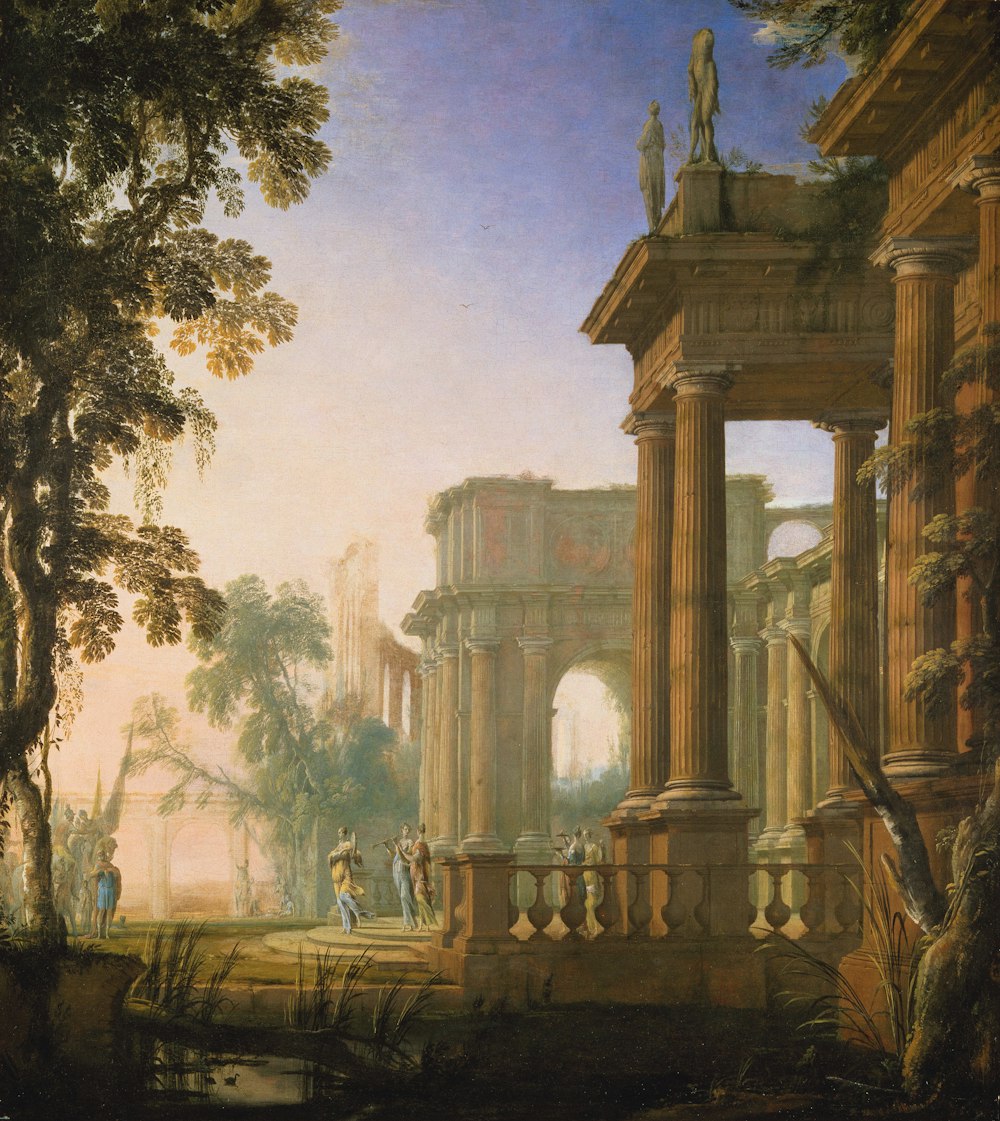 a painting of a roman ruins with people walking around