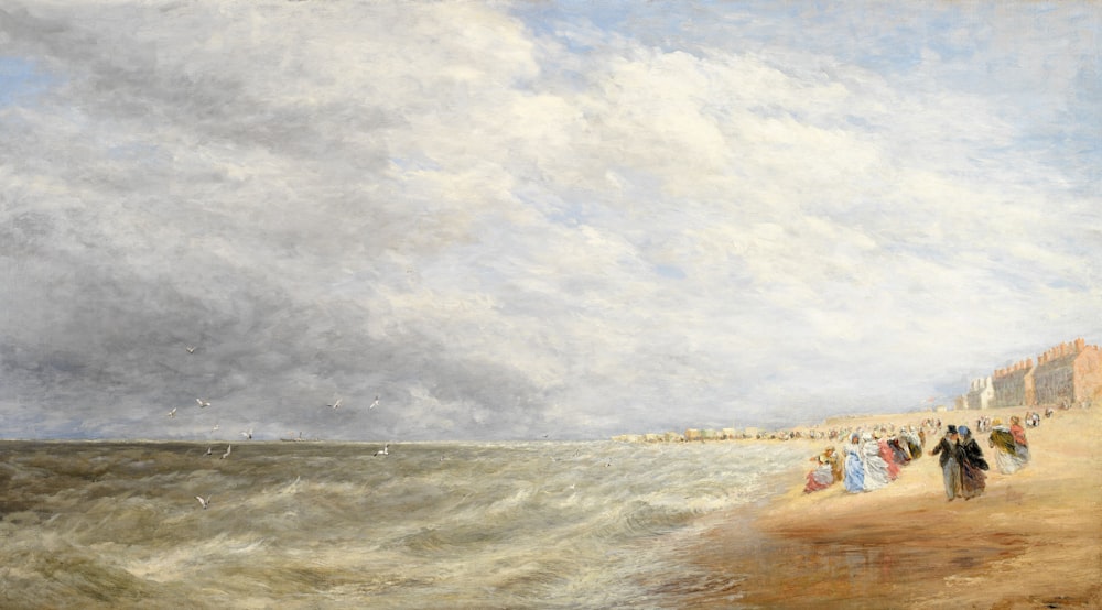a painting of people walking along a beach