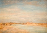 A serene landscape with a large expanse of sky occupying much of the image. Soft brush strokes suggest a river or body of water reflecting the surroundings. Buildings and structures are faintly visible near the horizon, blending into the muted colors of the landscape.