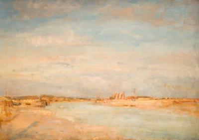A serene landscape of Central Asia with artists sketching and painting outdoors.