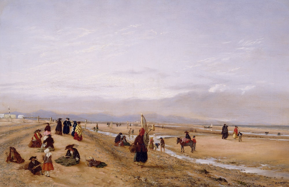 a painting of a group of people on a beach