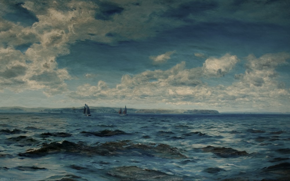 a painting of sailboats in the ocean under a cloudy sky