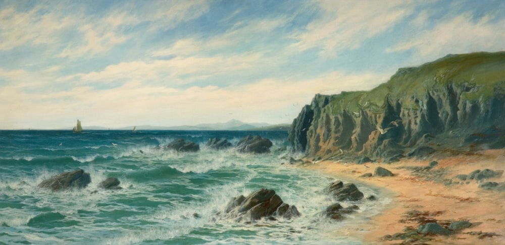 a painting of a rocky coast with a sailboat in the distance