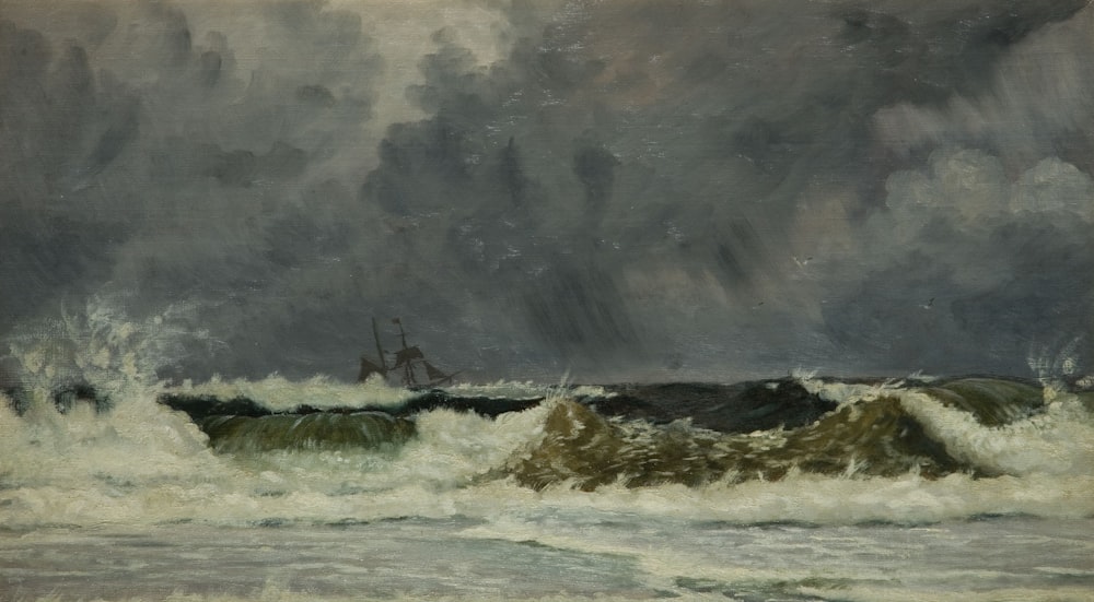 a painting of a boat in a stormy sea