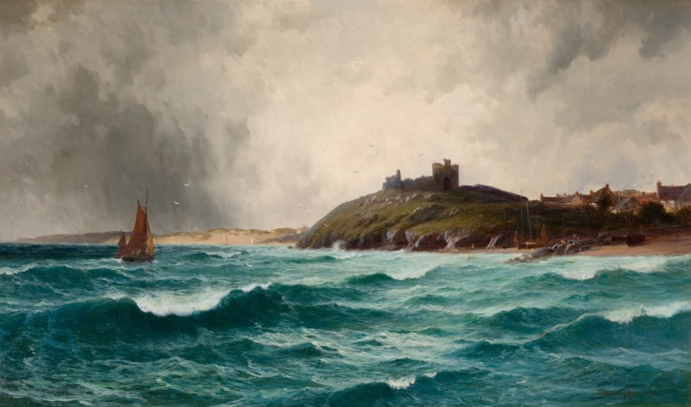 a painting of a lighthouse on a small island in the middle of the ocean