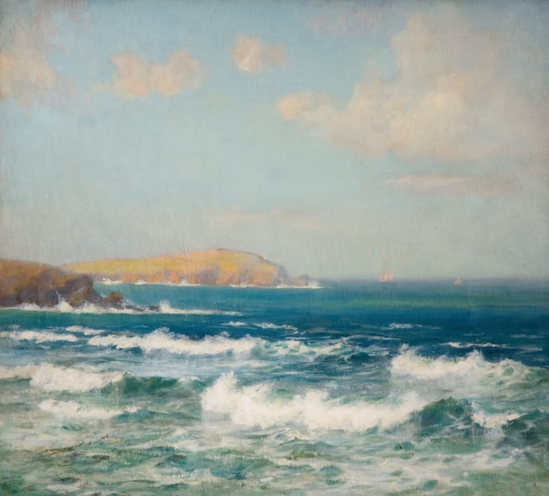 A painting of a serene seascape with gentle waves rolling onto the shore. The sky is clear with a few scattered clouds. In the distance, there is a rocky coastline with soft, warm colors that contrast with the deep blue of the ocean.