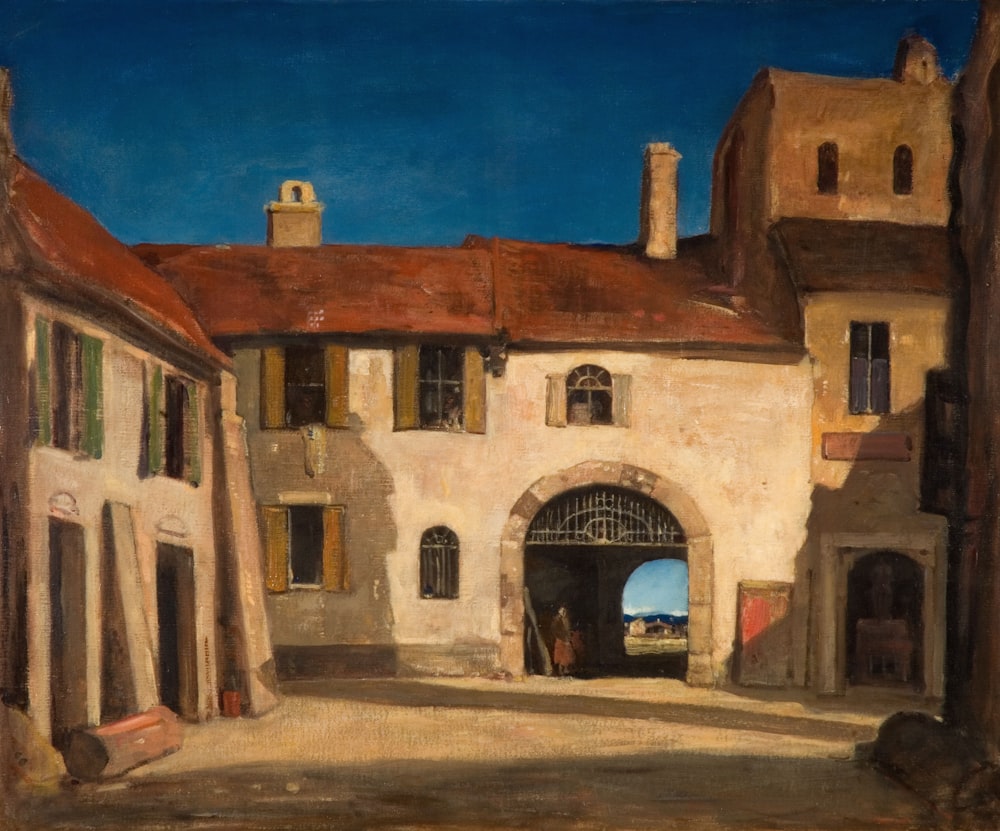 uma pintura de um edifício com um portão
