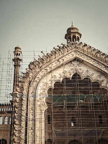 An ornate architectural structure with intricate carvings and designs is partially covered by scaffolding. The edifice features a large archway and appears to be undergoing renovation or restoration work. Several birds are perched along the decorative elements, and there is a distinctive dome at the top.