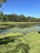 A freshly dug pond surrounded by lush greenery under a clear blue sky.