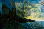 A car air freshener with the label 'Brooklyn Aroma' is hanging from the rearview mirror. There are reflections of trees and the sky on the car window, creating a serene, nature-filled background.
