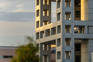 The image captures a modern architectural building with a grid-like structure and a sign that reads 'Fuji Television.' The sunlight casts a warm glow on the building, creating a contrast with the blue sky. A blurry green foreground element partially obscures the lower part of the image.